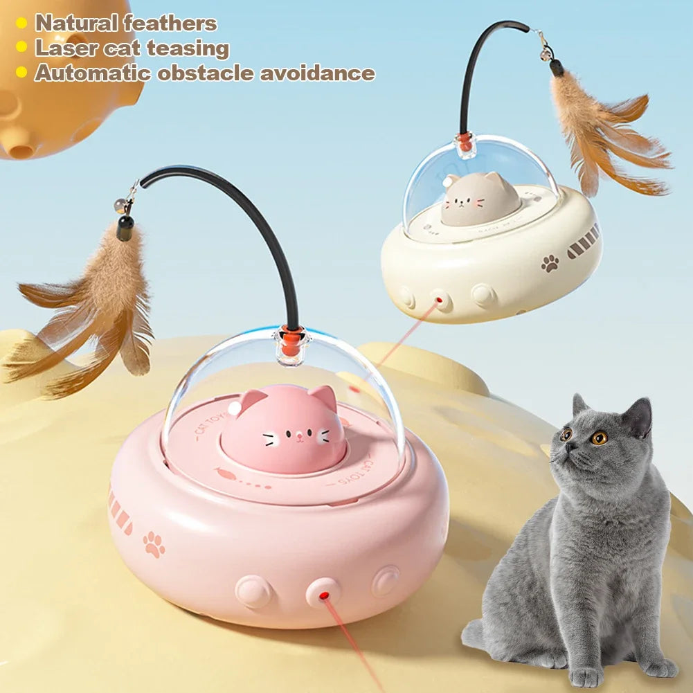 UFO Smart Interactive Cat Toy with Automatic Laser & Feather Teaser – Self-Rotating Robot for Indoor Cats