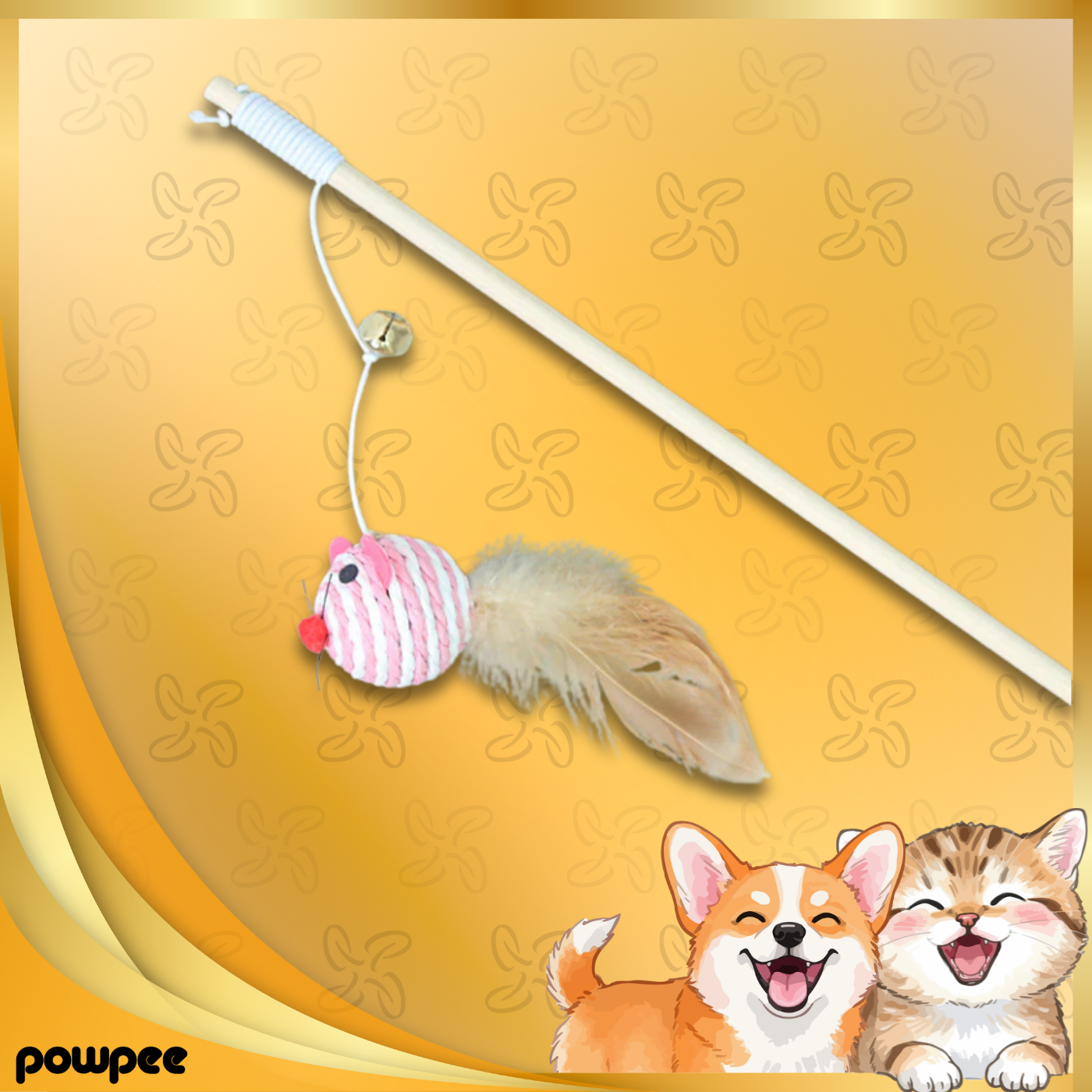 Nature’s Hunt: Premium Wooden Cat Teaser Wand with Linen Mouse, Feathers & Bell – Eco-Friendly Interactive Toy for Bonding