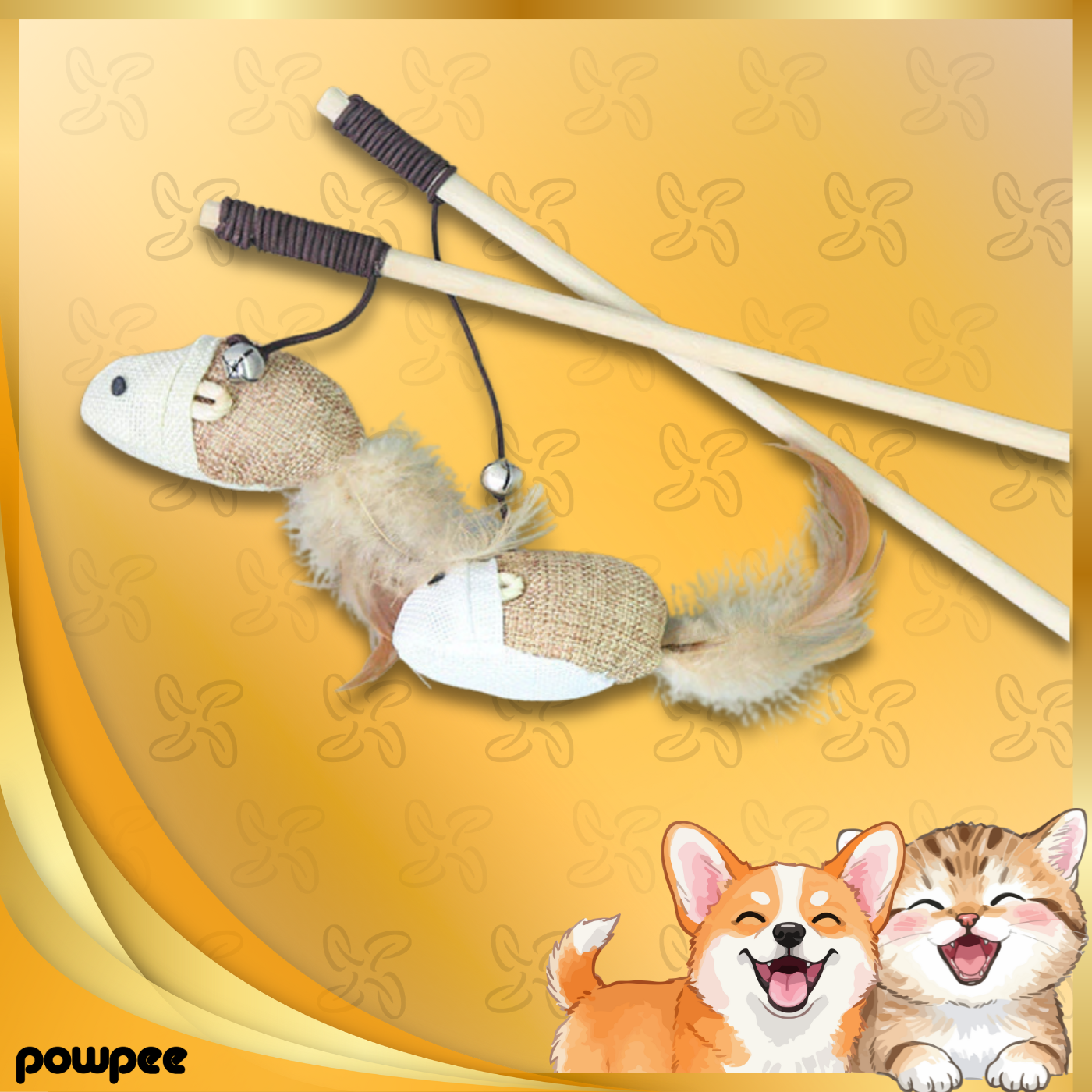 Nature’s Hunt: Premium Wooden Cat Teaser Wand with Linen Mouse, Feathers & Bell – Eco-Friendly Interactive Toy for Bonding